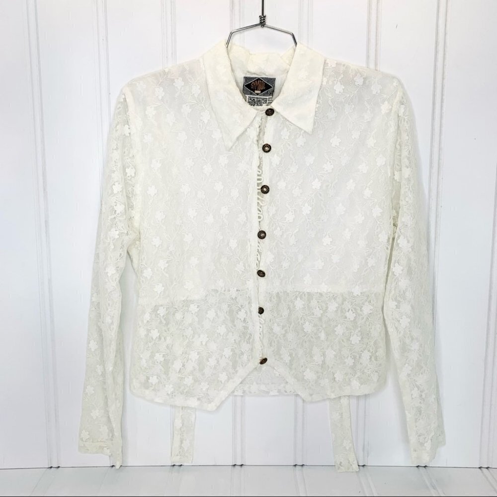 VINTAGE SYMBOL WHITE  LACE BUTTON DOWN GOLD BUTTONS SEMI SHEER WOMEN SHI… - Picture 3 of 14